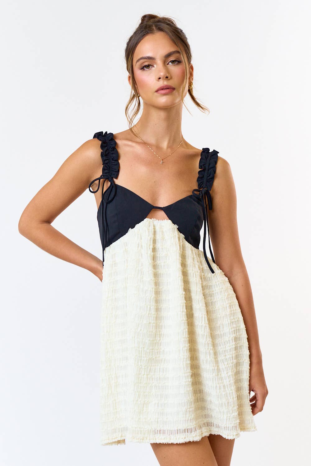 Bow strap detail chiffon ruffled babydoll dress