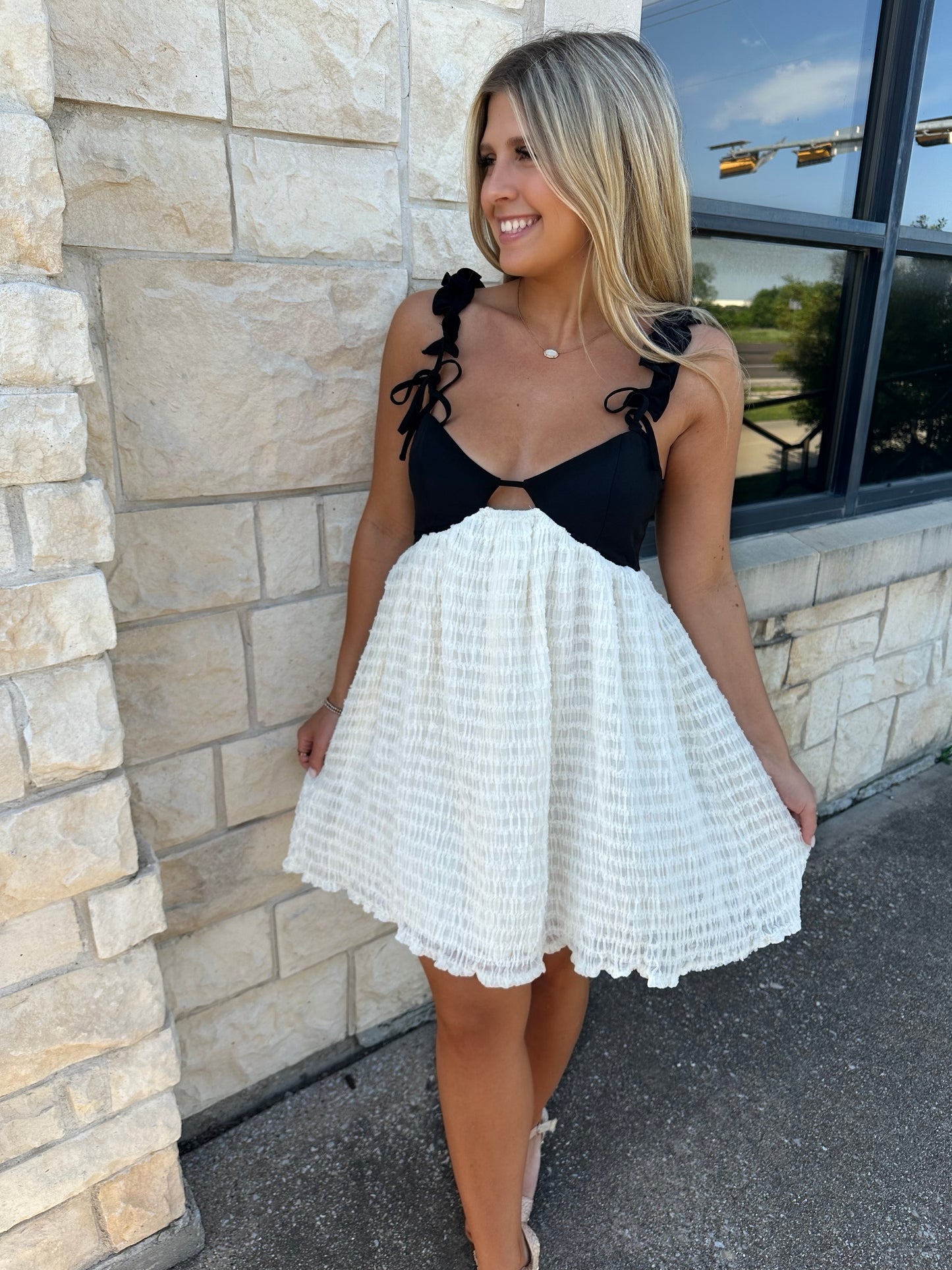 Bow strap detail chiffon ruffled babydoll dress