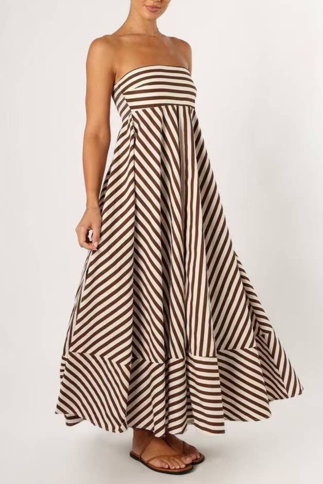 Classic Stripe Fit & Flare Bandeau Strapless Maxi Dress