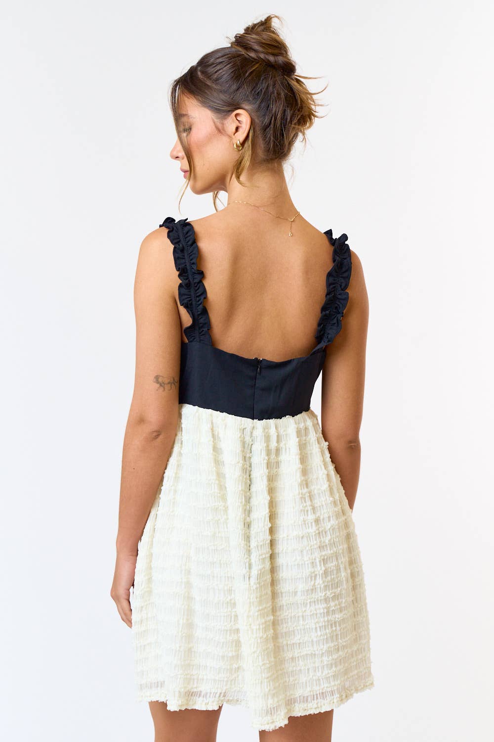 Bow strap detail chiffon ruffled babydoll dress