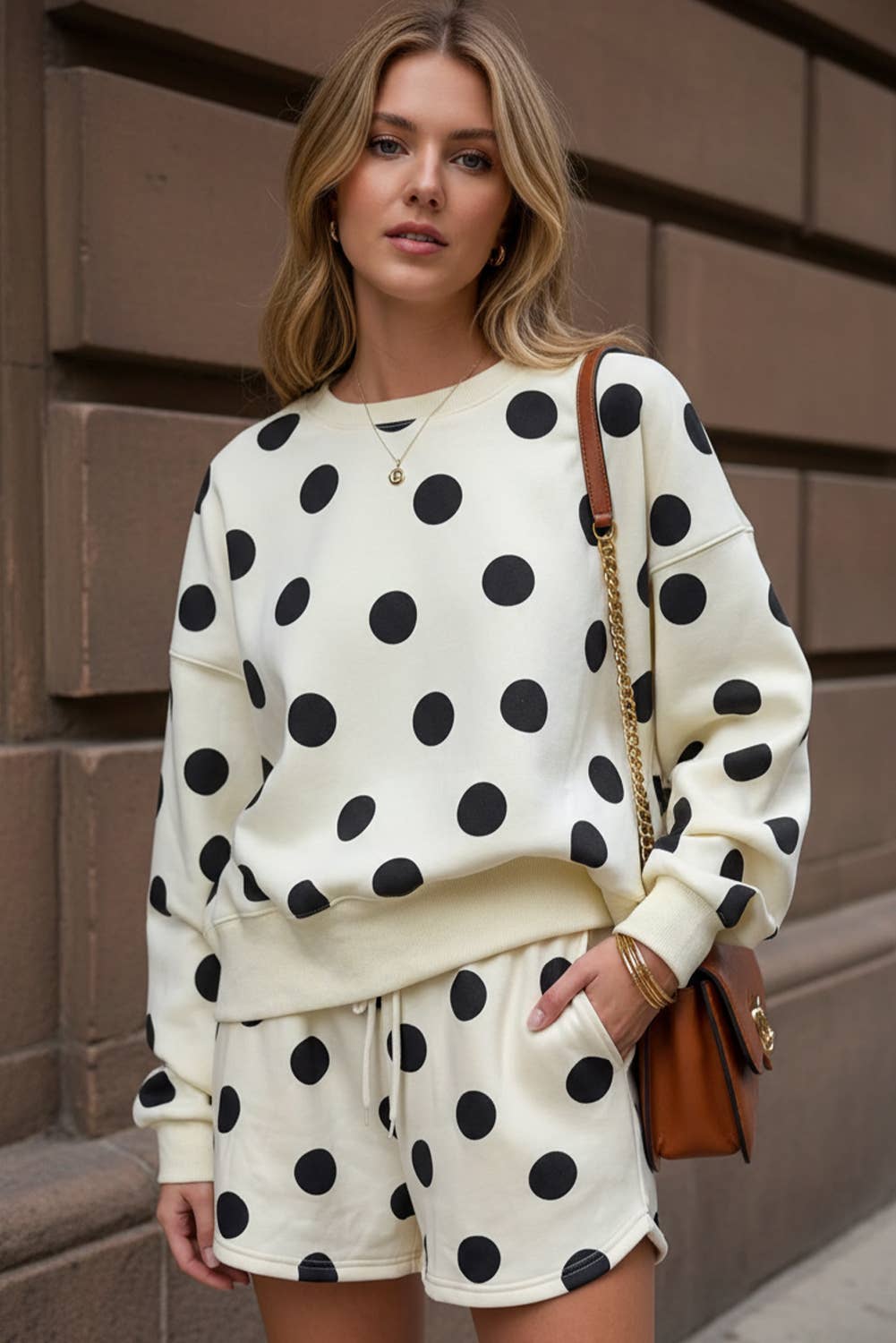 Polka Dot Print Drop Shoulder Pullover Drawstring Short Set