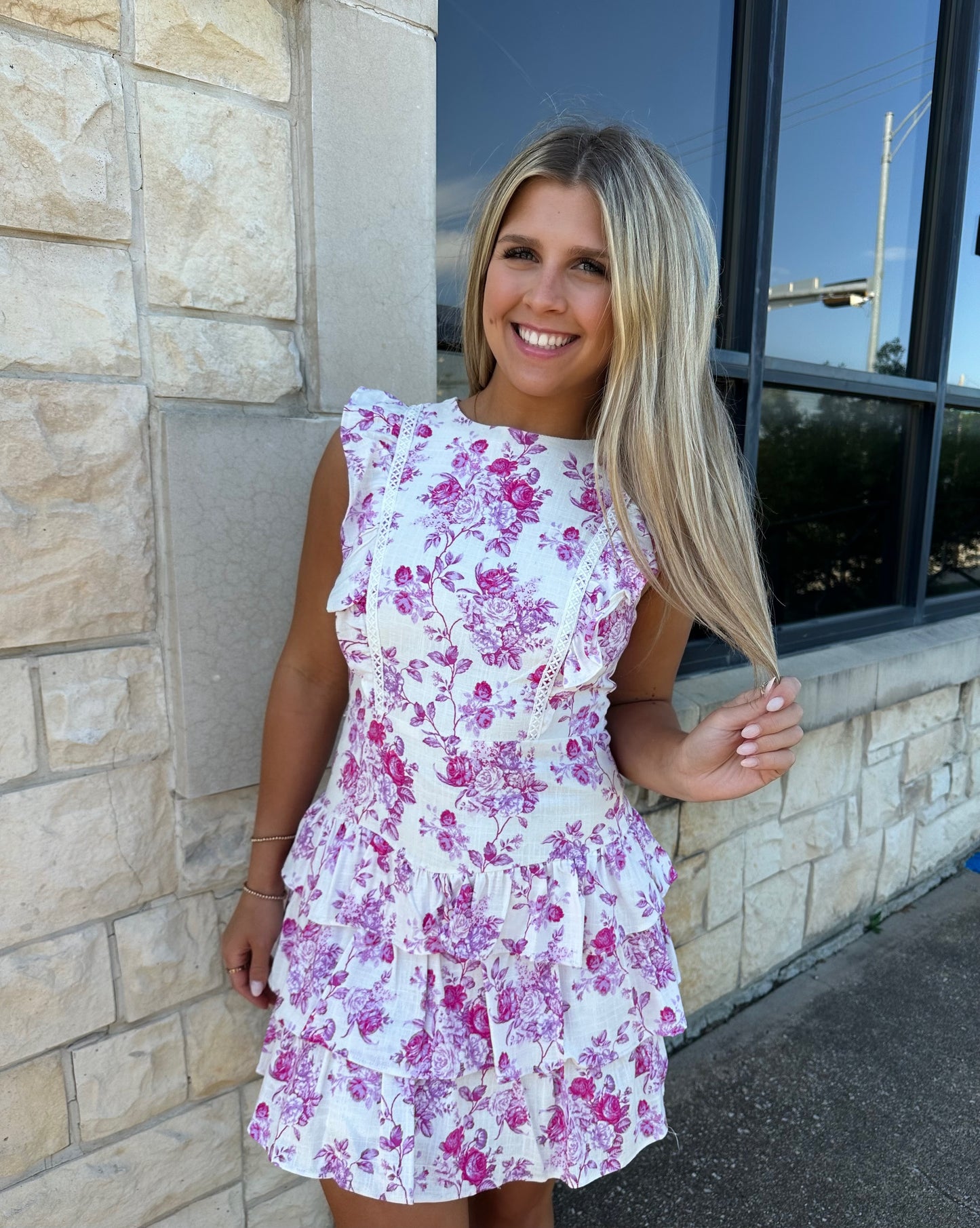 Floral Print Lace Insert Ruffle Detail Dress