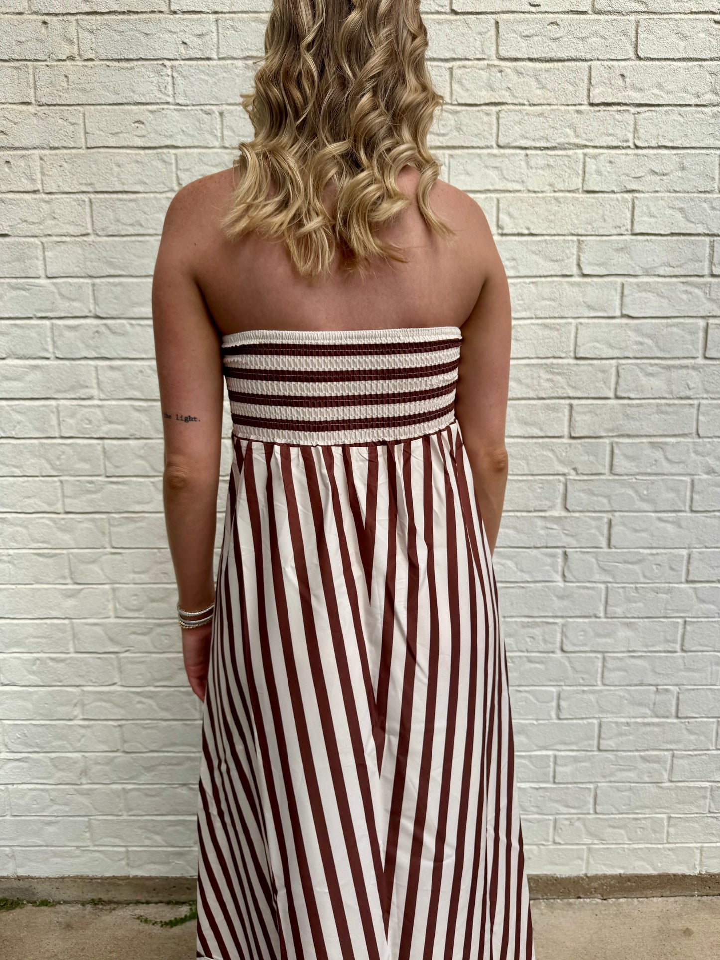 Classic Stripe Fit & Flare Bandeau Strapless Maxi Dress