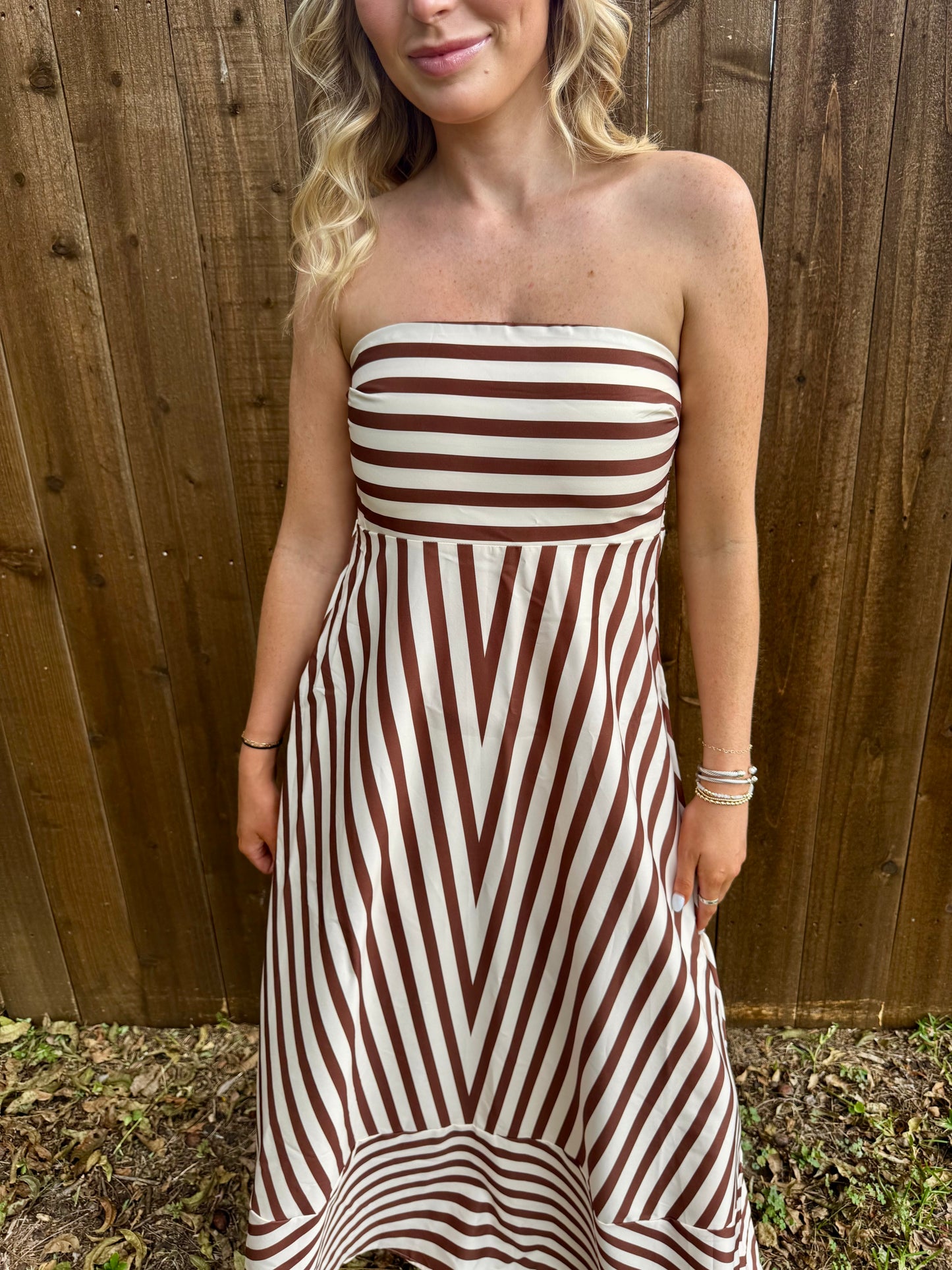 Classic Stripe Fit & Flare Bandeau Strapless Maxi Dress